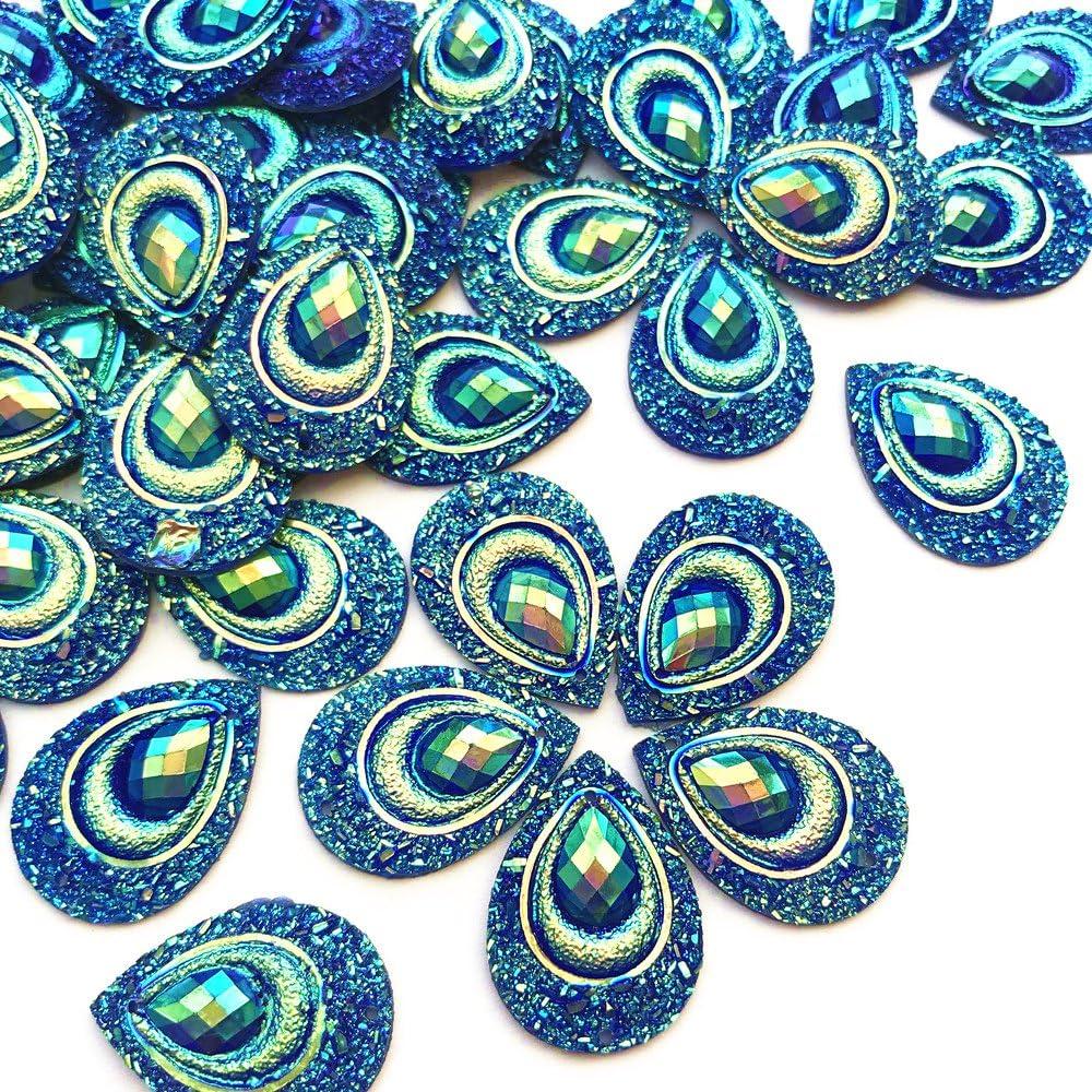 Sparkly Buttons Drop AB Color Sew On Crafts Rhinestones Flatback Beads Sewing for Costume Wedding Dress Decorations 18x25mm 50pcs (Blue)
