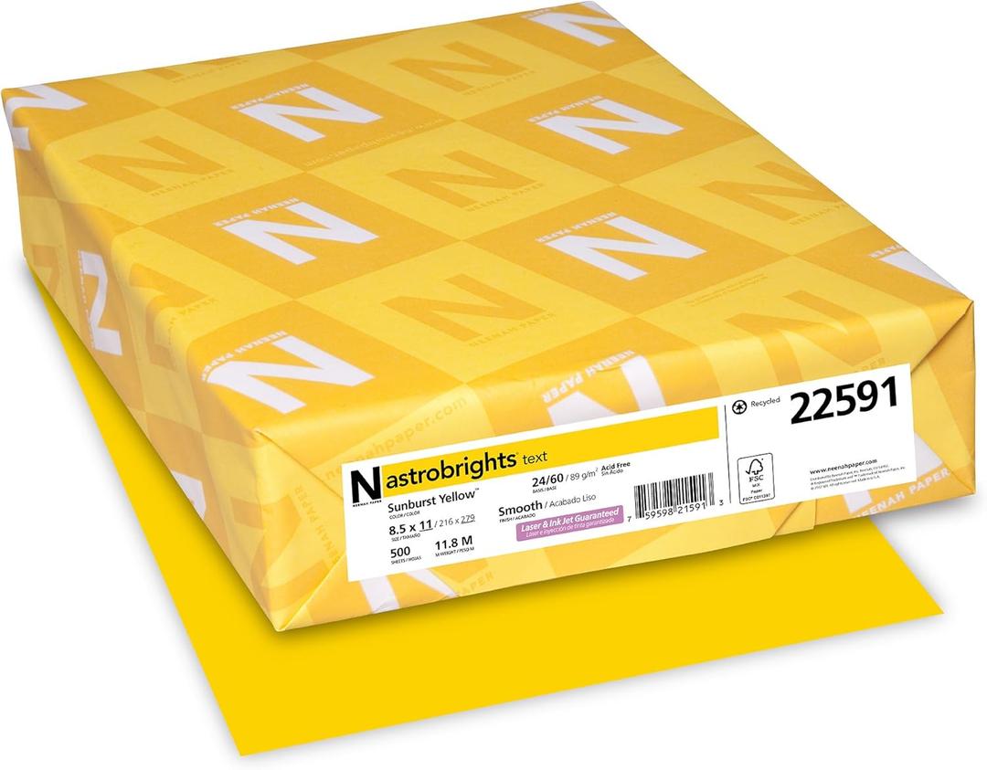 Astrobrights Color Paper, 8.5 x 11, 24 lb/89 gsm, Sunburst Yellow, 500 Sheets (22591)