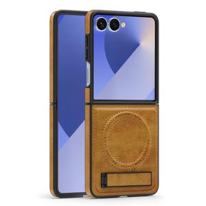 Lunivop for Samsung Galaxy Z Flip 7 Case PU Leather [Compatible with Magsafe Wireless Charging] Magnetic Cover Stand Funda para Z Flip 7 Rugged Best Phone Cases Brown