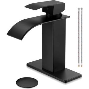 Herogo Matte Black Waterfall Bathroom Faucet, Stainless Steel Vanity Sink Faucet Set with Pop-up Drain & Hooks, Single Handle 1 Hole or 3 Holes Deck Mount RV Lavatory Tap with 2 Water Hoses