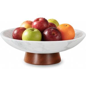 Marble Decorative Bowl, 11” Large Centerpiece for Table, Fruit Bowl for Kitchen Counter, Coffee Table or Entryway Decor, Natural Marble with Wood Base, Housewarming Gift - White