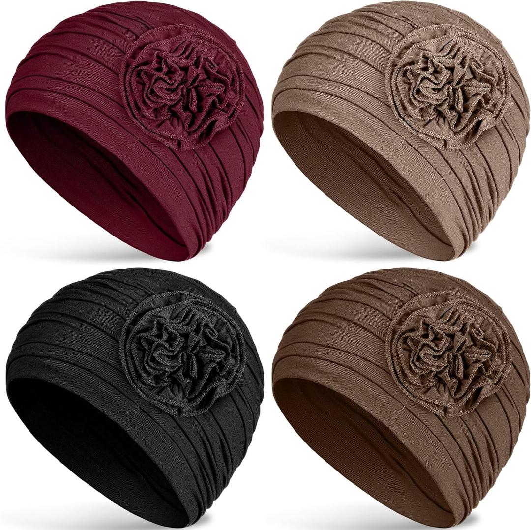 JenPen 6 Pcs Cotton Chemo Headwear for Women Turban Soft Cancer Head Scarf Hats Beanie Elastic Hair Wraps Gift for Christmas (Black, Khaki, Wine Red, Brown)