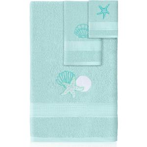 3 Pcs Coastal Seashell Bathroom Towel Set Farmhouse Embroidered Coastal Seashell Towels Vintage Decorative 100% Cotton Bath Towel Highly Absorbent Summer Decor Set for Bathroom (Blue)