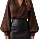 SweatyRocks Women's Wrap Lantern Sleeve Dressy Blouses Collared V Neck Business Casual Tops (Brown, S)