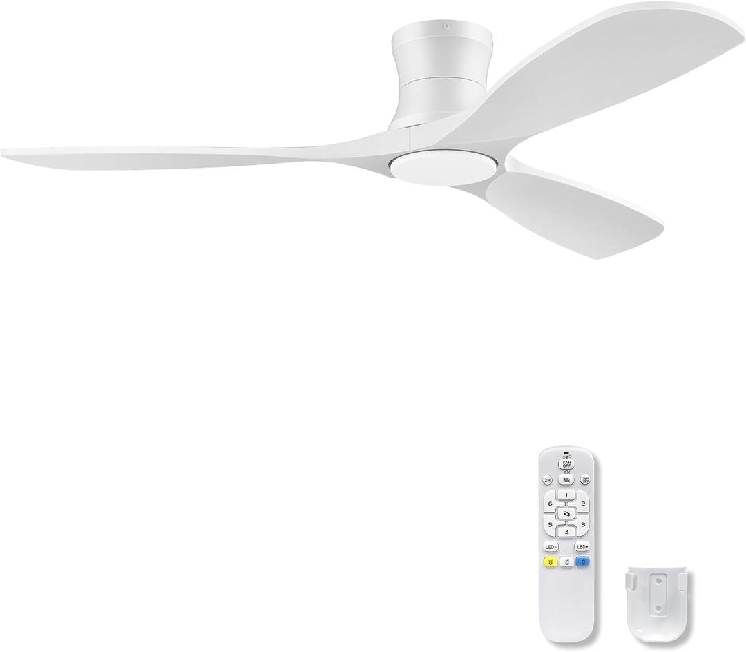 52" White Wood Flush Mount Ceiling Fans with Lights and Remote,Quiet DC Motor,Dimmable,Reversible,Ultra Low Profile Ceiling Fan for Master Bedroom Living Room Patio,Modern Indoor/Outdoor Use, Remote Control
