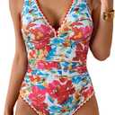 B2prity One Piece Swimsuit for Women Tummy Control Ruched Bathing Suit Push Up Tie Back Swimwear Shell Stitched (Medium, Red Floral Print)