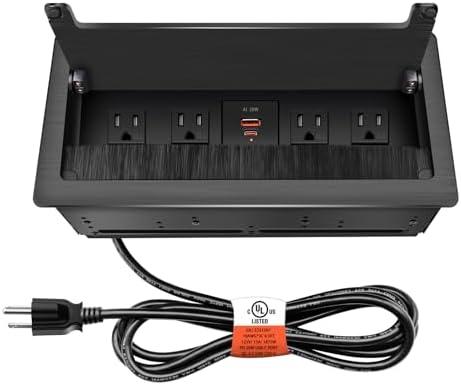 Embedded mesa Power Outlet Box;Conference Table Power Hub; 4 AC TR Outlets, USB-A USB-C PD 20W Fast Charging 6.5FT 16 AWG UL Cable for Office Home - Brushed Black