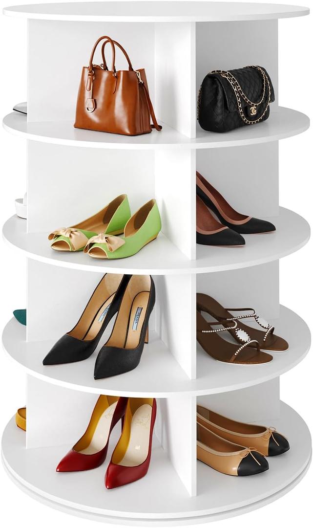 SpaceAid 4 Tier Rotating Shoe Rack Tower, Spinning Shoe Display Lazy Susan, Revolving 360 Shoe Rack Storage Round Carousel, Vertical Handbag Rotate Shoes Closet Organization (4-Tier White)
