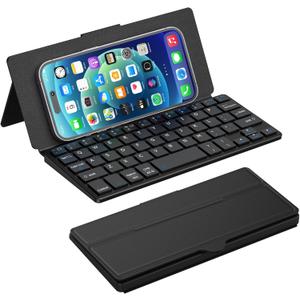 Doohoeek Universal Bluetooth Keyboard for Samsung Galaxy Z Fold, iPad mini 7 2024 & Phones, Dual Bluetooth Mini Keyboard with Any-Angle Kickstand & Leather Cover for Android, Windows and iOS (Black)