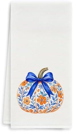 NLIJX Fall Chinoiserie Pumpkin Kitchen Towel - Chinoiserie Blue Bow Pumpkin Decorative Hand Towels for Bathroom Decor, Coquette Bow Fall Farmhouse Dish Tea Towels for Kitchen Decor, 16x24 Inch