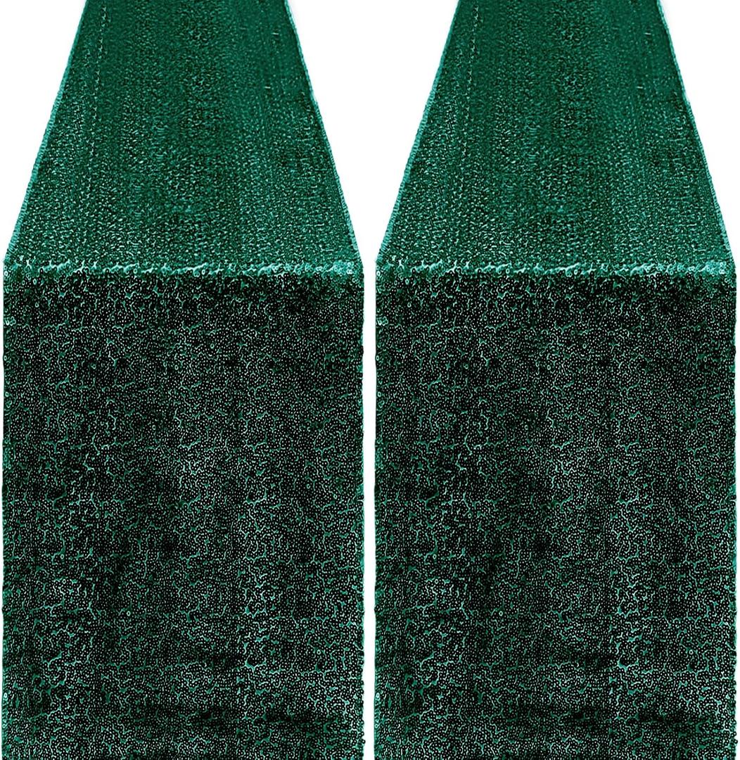 2 Packs 12 x 72 inches Sequin Table Runner, Hunter Green Glitter Table Runner for Birthday Party Supplies Wedding Engagement Baby Shower Holiday Celebration Event Decorations