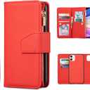 EYZUTAK Case for iPhone 11 6.1 inch, Glossy PU Leather 9 Card Slots Magnetic Closure Detachable Wrist Strap Zipper Wallet Shockproof Removable Back Cover Case - Red
