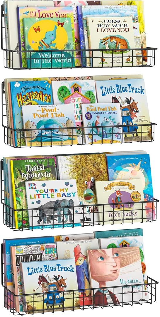 X-cosrack 4-Pack Wall Mounted Metal Kids Bookshelf, Floating Book Shelves for Kids Nursery Toddler Classroom, Hanging Book Shelf Organizer for Room Decor, Black (15.5 inch)