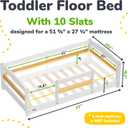 Ocodile Toddler Bed with Rails | Low Montessori Floor Bed Frame for Kids | Standard Crib Size Wooden Frame for Independent Toddlers 1-3 - White