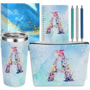 Personalized Gifts Monogrammed Birthday Gifts for Women, Coworker Bride Appreciation Christmas Initial 20 oz Tumbler, Makeup Bag Cup Ballpoint Pens Journal Notebook 6 Set, (Aesthetic Blue Flower A)