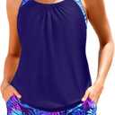 Tempt Me Women Tankini Swimsuits with Shorts - Two Piece Tummy Control Blouson Tankini with Two Pockets Bottom Bathing Suit (Black and Blue, M)