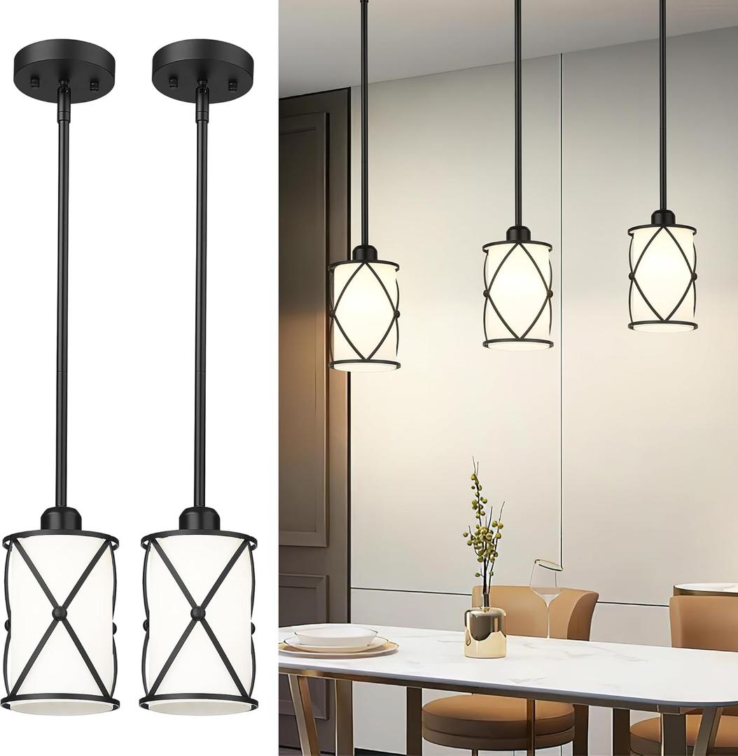 Glass Pendant Lights Kitchen Island, 2 Pack Modern Black Pendant Light Fixtures with Frosted Glass and Rod, Mid Century Cage Pendant Light for Kitchen Sink Dining Room, CH9176BKW-2PK