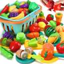 70 PCS Cutting Play Food Toy for Kids Kitchen, Pretend Fruit &Vegetables Accessories with Shopping Storage Basket, Plastic Mini Dishes and Knife, Educational Toy for Toddler Children Birthday Gift