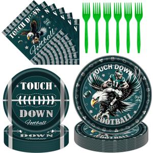 Football Birthday Party Decorations - 96 Pcs Green Eagle Disposable Paper Dessert Plates Napkins Forks Tableware Set Sports Table Decor Supplies for Gameday Tailgate Fans Serves 24 Guests