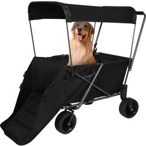 Heavy-Duty Foldable Dog Stroller Wagon with Extendable Rear & All-Terrain Wheels, Collapsible Utility Cart with Adjustable Canopy for Large Dogs, Pet, Shopping & Camping, 300Lbs, Black