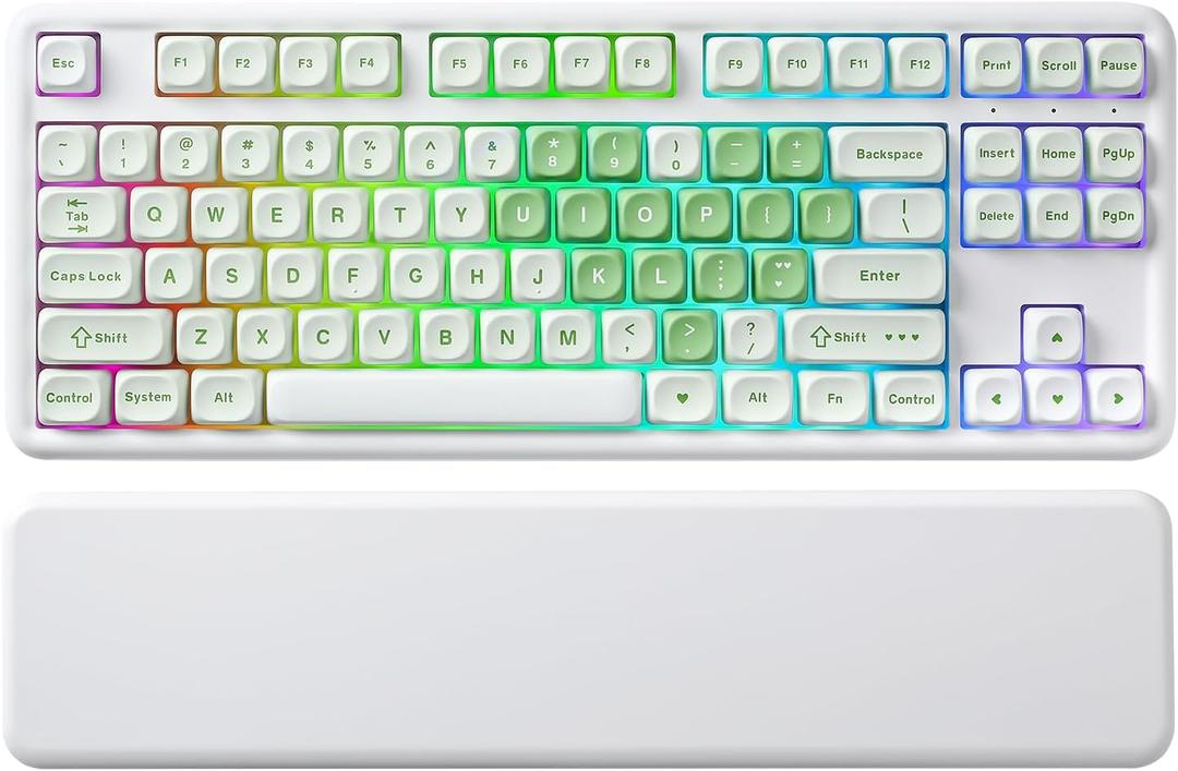 YUNZII B87 Wireless Mechanical Keyboard,QMK/VIA Programmable,TKL Layout 87 Keys,BT/2.4G/USB-C,Hot Swap Gasket Mount RGB Backlit Gaming with Wrist Rest for Win/Mac (Matcha Heart, Milk V2)
