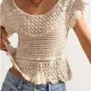 MakeMeChic Women's Summer Boho Crochet Tops Hollow Out Sweater Short Sleeve Backless Top Beach Coverup (Beige, L)