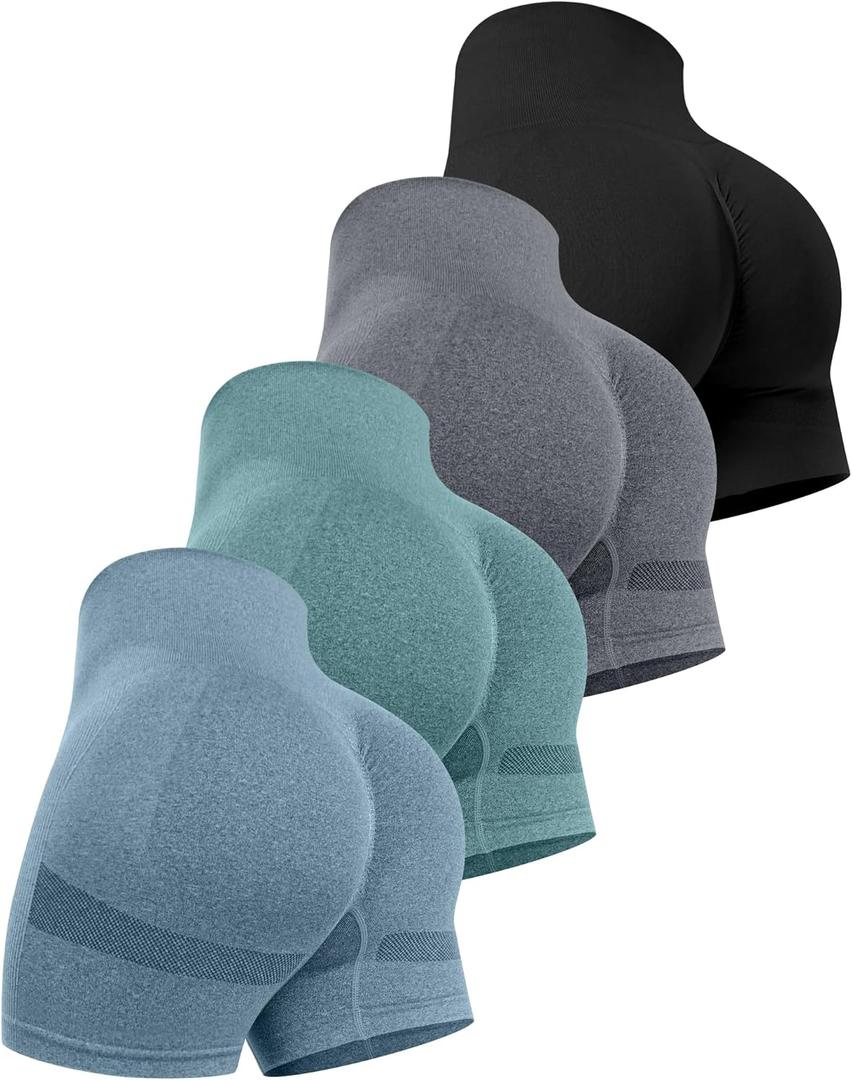 CHRLEISURE Women's 4 Packs Workout Gym Shorts, High Waisted Butt Lifting Scrunch Butt Seamless Booty Shorts (Medium, 4 Packs (Black, Dark Gray, Forestgreen, Blue))