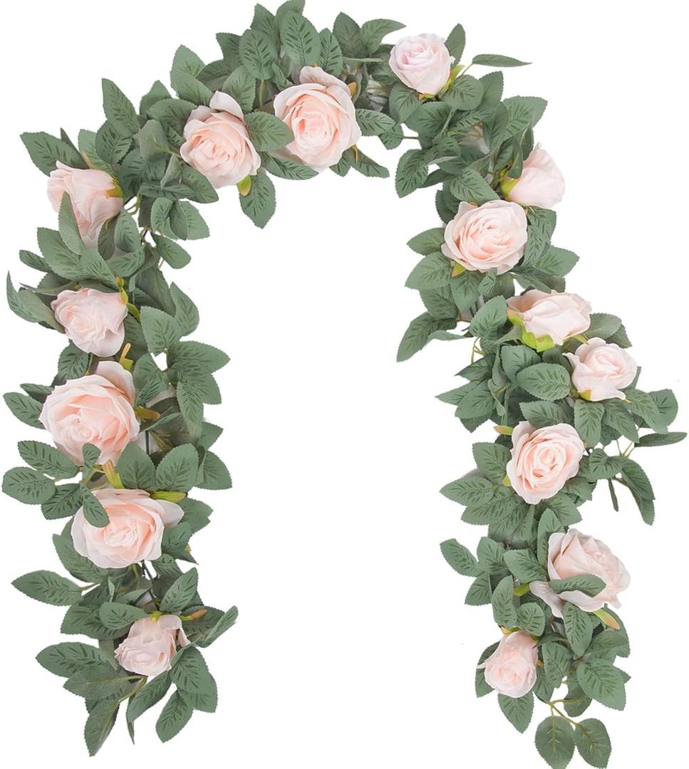 Der Rose 2 Pcs 13Ft Artificial Eucalyptus Flower Garland with Fake Silk Rose Flower Vine Rose Leaves Greenery Garland for Wedding Arch Table Wall Backdrop Party Room Decor (Pink) (Pink Rose 2 Pcs)