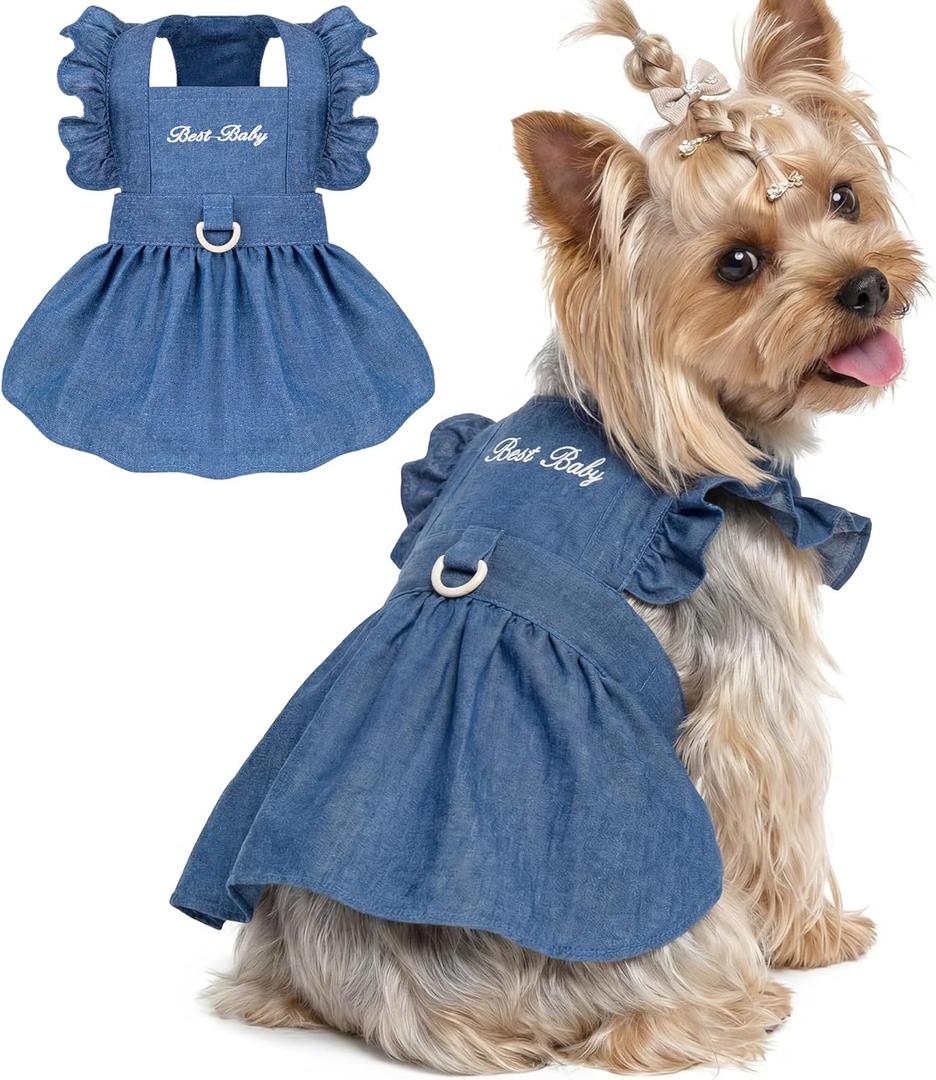 Denim Cat Dog Dress Clothes for Small Dogs with Leash Ring Summer Girl Small Dog Clothes Outfit Belly Velcro Fastening Cat Outfits&Apparel for Girl Medium