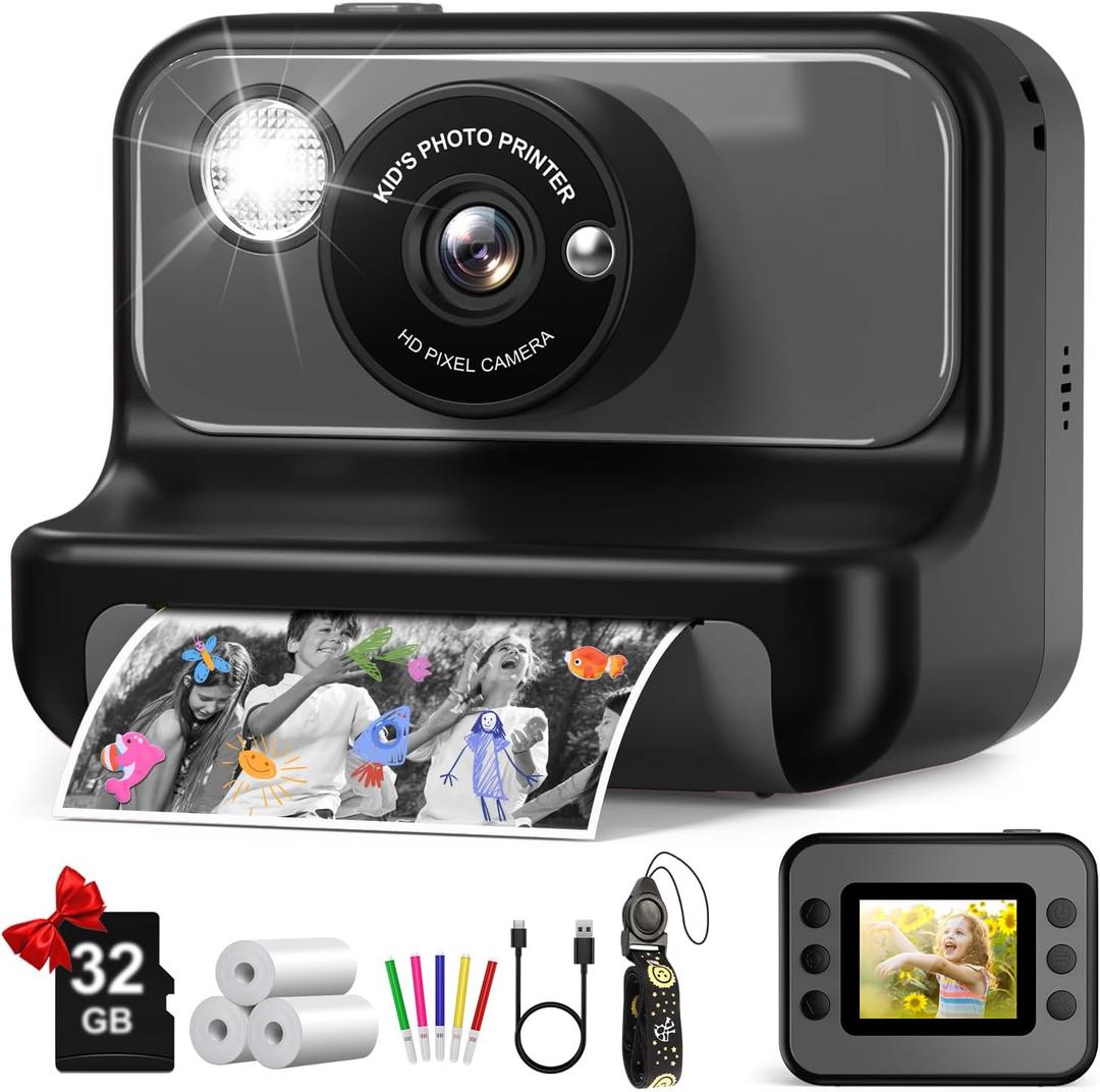 Kids Camera Instant Print, Christmas Birthday Gifts for Girls and Boys, Kids Camera 1080P HD Video Digital Camera, Toddler Toy for 3-12 Years Old, Black