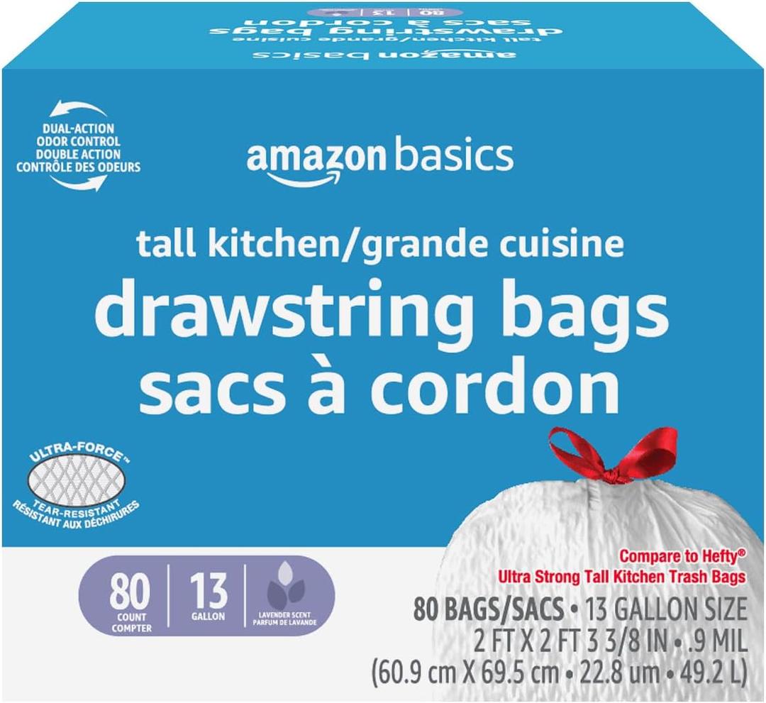 Amazon Basics Ultra-Force Tall Kitchen Drawstring Trash Bags, Lavender Scented, 13 Gallon, Tear Resistant, Odor Neutralizing, 80 Count
