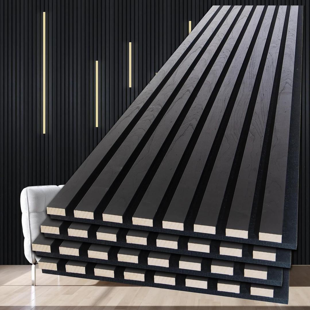 NeatiEase Wood Panels for Wall, 4-Piece 108" x 12.6" Soundproof Wood Slat Wall Panel for Interior Wall Decor Noise Cancelling, Acoustic Wall Panels, Sound Absorbing Panel (Black)