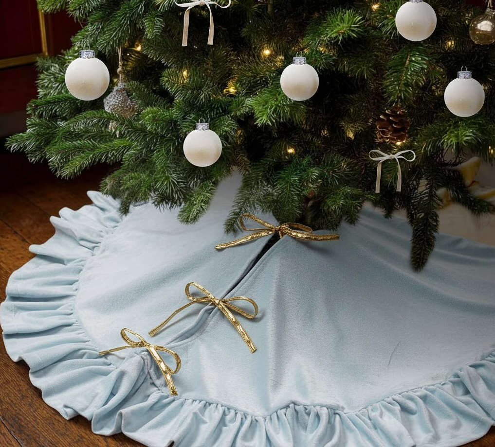 Vertintong 48 Inches Velvet Christmas Tree Skirt Blue with Gold Embroidered Holly Fur Plush Tree Skirt Luxury Xmas Skirts for Merry Christmas Party Vintage Holiday Decorations