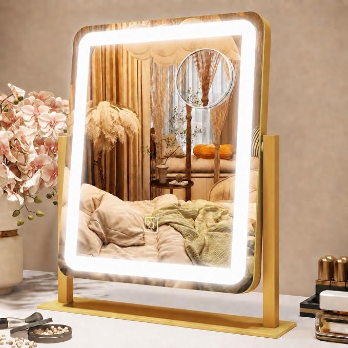 ROLOVE Vanity Mirror with Lights, Lighted Vanity Mirror with Dimmable 3 Modes, LED Makeup Mirror, Touch Screen Control, for Makeup Desk, Dressing Room, Gold, 23x19 Inch
