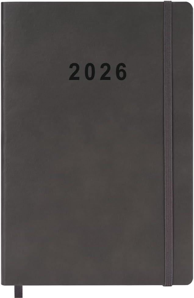 2026 Planner - Weekly and Monthly Planner, Jan 2026 - Dec 2026, Holidays, Contacts and Notes Pages, Vegan Leather Cover, Elastic Closure, 5.5x8.25, Grey