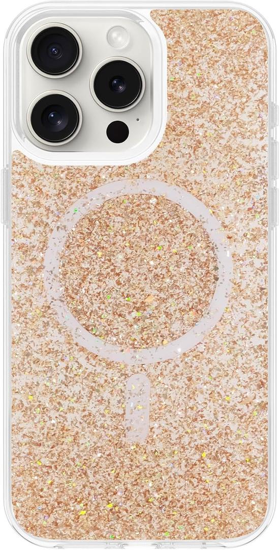 for iPhone 13 Pro Case, Clear Glitter MagSafe Compatible, Cute Bling Sparkly Girly Case for iPhone 13 Pro, Magnetic Protective Phone Cover, Gold Glitter, Phoenix