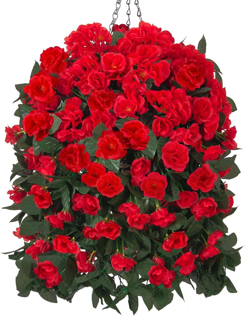 Artificial Geraniums Fake Hanging Flowers Plants Basket for Outdoors Spring Summer Outdoor Decor, 3PCS Faux Silk Geraniums Vines in Planter Realistic UV Resistant for Outside Balcony Patio Porch Home (Red)