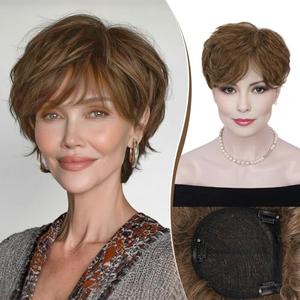 RUWISS Short Hair Toppers for Women Real Human Hair, 5x5.5 Base Pixie Cut with Bangs, Clip-In Curly Hair Pieces for Women, Medium Brown