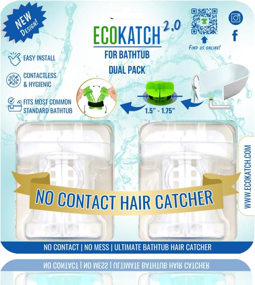 EcoKatch Bathtub Drain Hair Catcher – No-Contact Dispose, Conceals Hair, Reusable BPA-Free Silicone Mesh Strainer, Fits 1.5”–1.75” Pop-Up & Regular Drains (Polar White, 2)