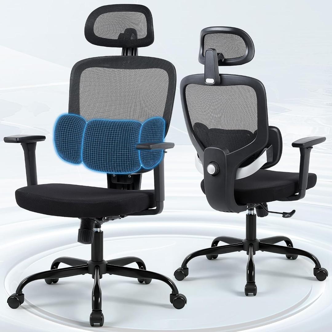 Ergonomic Office Desk Chair, High Back Breathable Mesh Computer Chair, 3D Lumbar Support, 2D Headrest & 3D Armrests, 300lbs Heavy Duty Task Chair for Home Office Work Gaming, Black, 20 inches x 10 inches x 20 inches