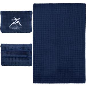 Travel Blanket and Pillow-2-in-1, Ultra-Soft&Compact,Airplane Blanket with Hand Luggage Belt and Backpack Clip,Travelers Accessories Gifts, 61x43 InchesNavy