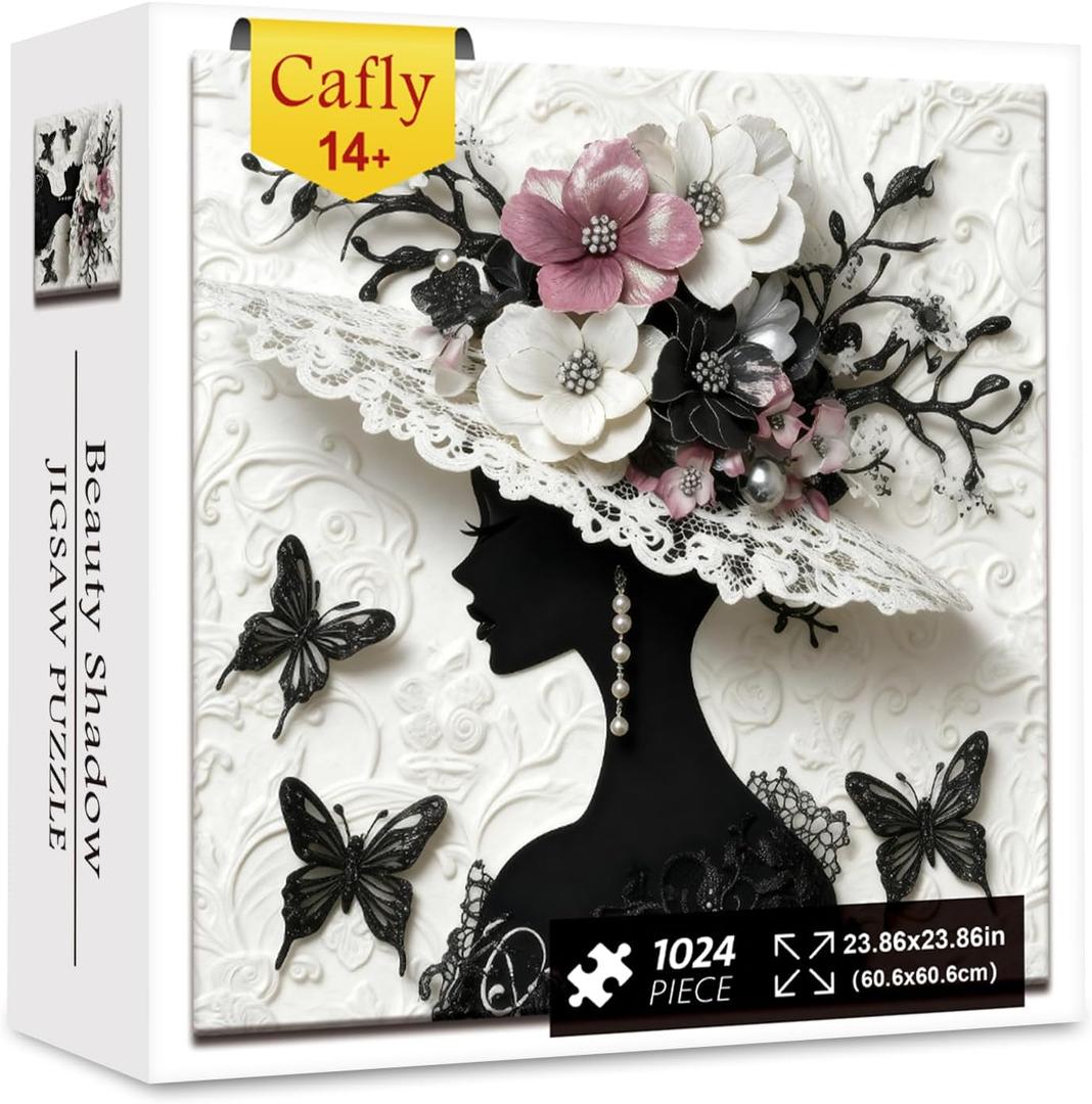 Jigsaw Puzzles for Adults 1000 Pieces - Challenging Fun Puzzles Elegant Lady Silhouette with Floral & Lace Decor, Beauty Flower Woman with Black & White Pearl, Beauty Shadow