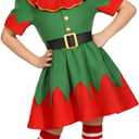 Kids Christmas Elf Costume for Girls Holiday Elf Costume Dress with Elf Hat (7-8 Years)