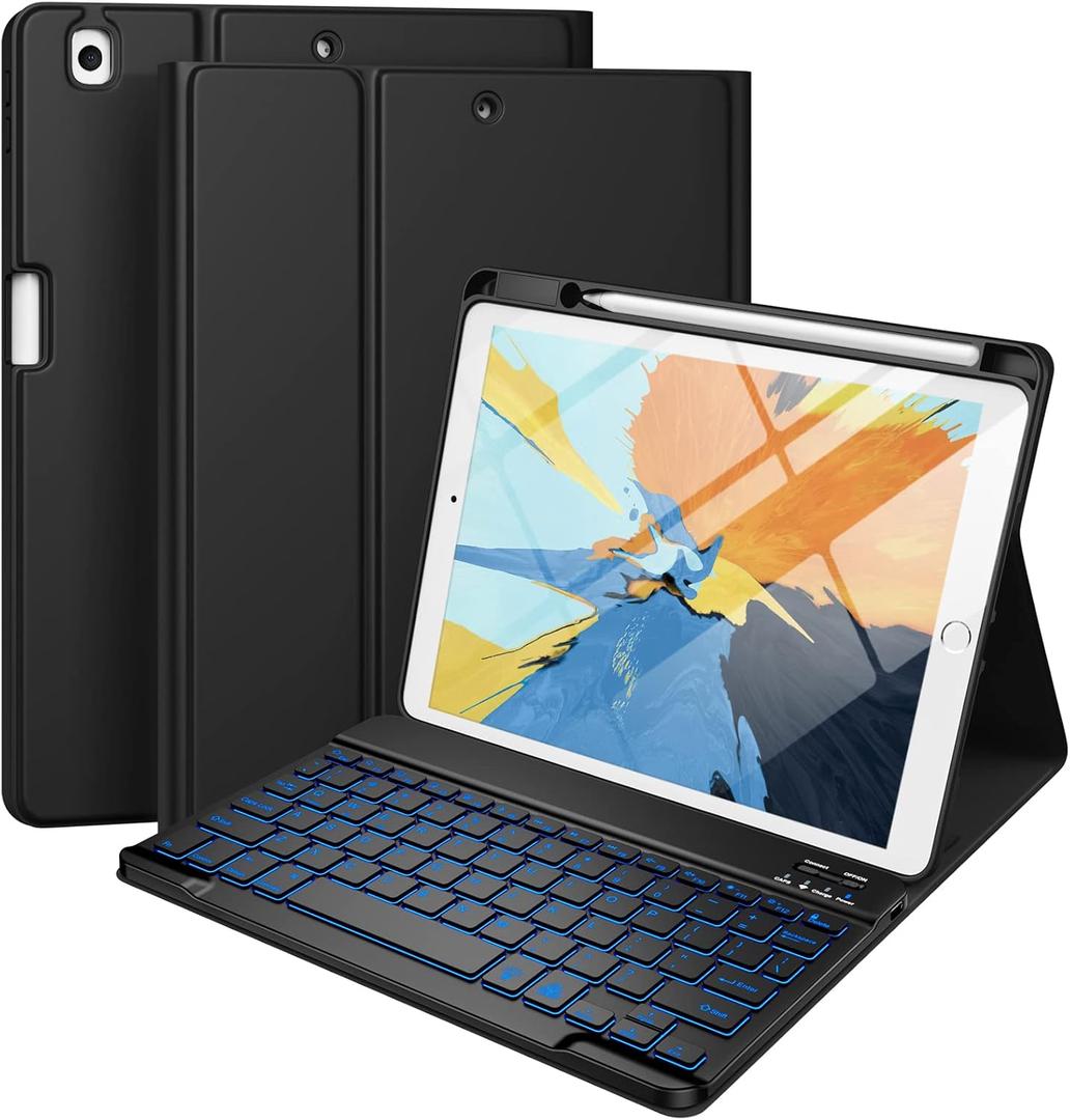 for iPad 9th 8th 7th Generation Case with Keyboard 10.2" - 7 Color Backlit Wireless Detachable Folio Keyboard Cover with Pencil Holder, Compatible with iPad Pro 10.5”/Air 3rd Gen (Dark Blue)