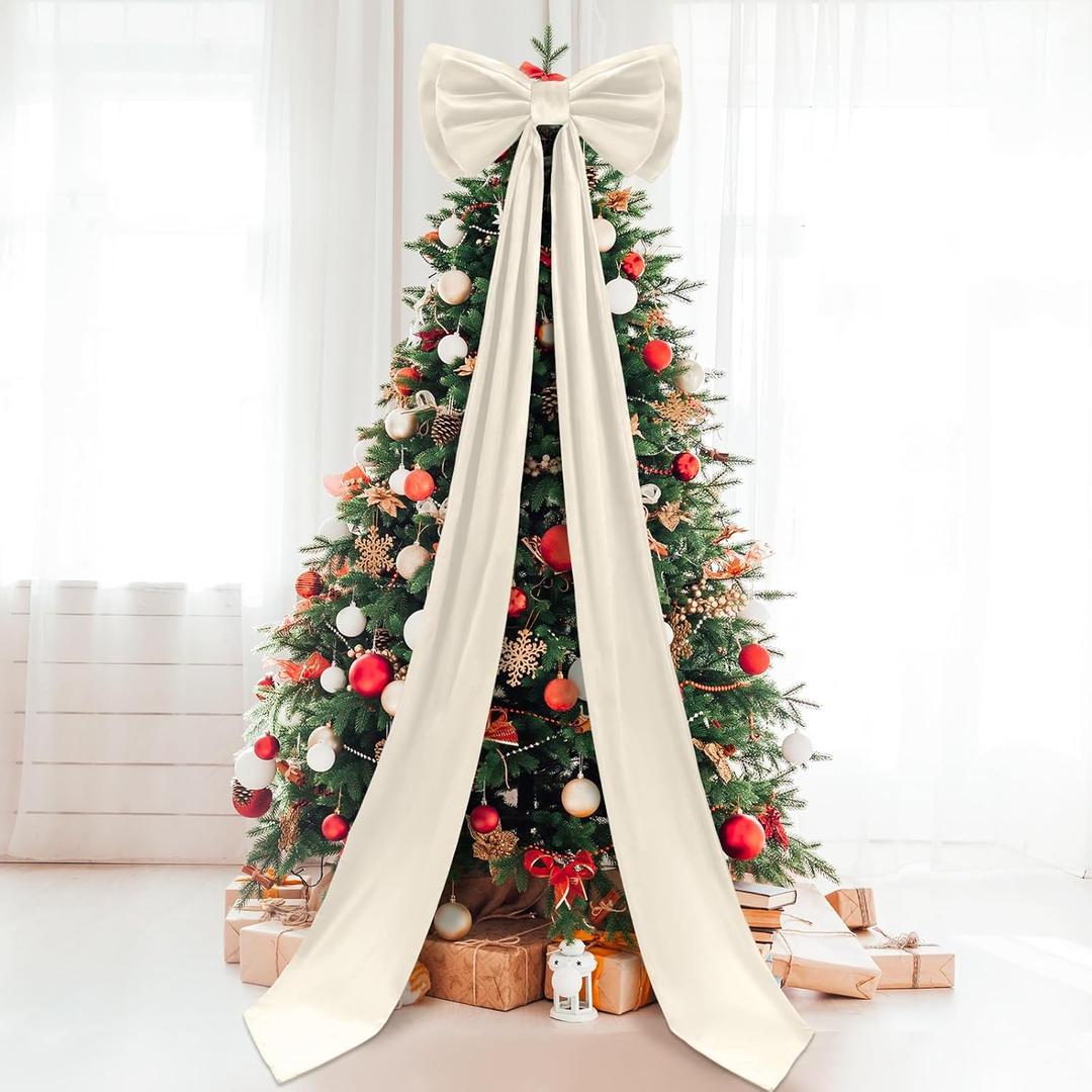 Giant Bow Decor Christmas Tree Topper Decoration Big Bows for Room Wall Backdrop 75x18 Inch Ribbon Tie for Wedding Christmas Fall Birthday Party Baby Shower Supplies(Ivory,Velvet)