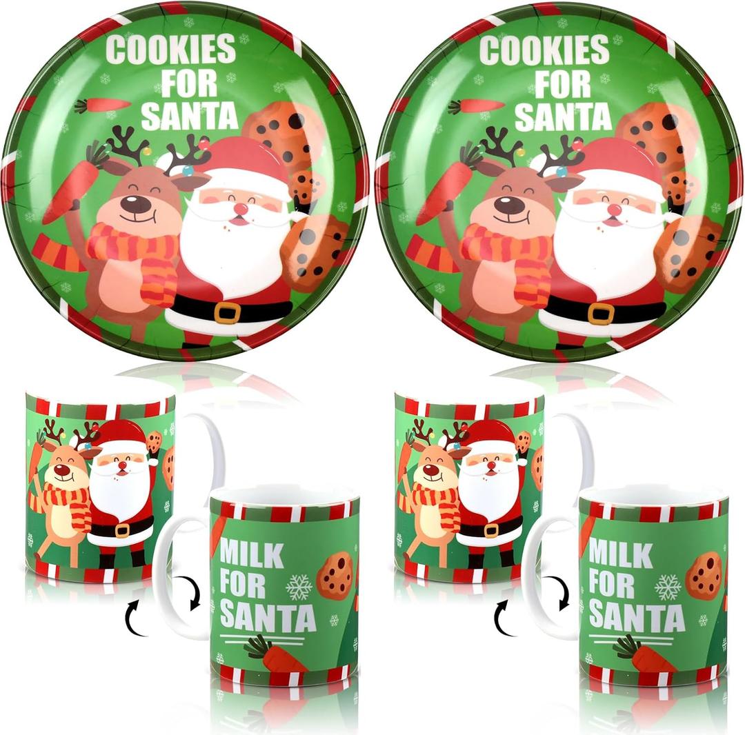 Yaomiao 4 Pcs Cookies for Santa Plate and Cup Set Christmas Santa Plates and Mugs for Milk and Cookies 2 Christmas Tray 2 Milk Cups Reindeer Elf Theme Gift Set for Xmas Dinner Party Favor
