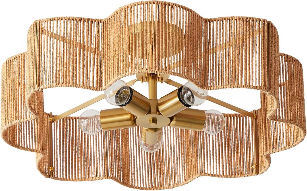 21 Rattan Light Fixtures Ceiling Light Wicker Boho Chandelier with Hand Woven Brushed Brass Finish Flower Shade for Kids Room Bedroom Laundry Room Cloak Room 5-Light