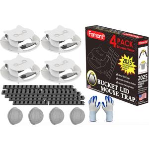 2025 New Improved  Lid Mouse Trap Rat Trap-Metal Bait Cage-Automative Reset-5 Gallon Fit (White - 4 Pack, Extreme Value with Free Hand Glove)