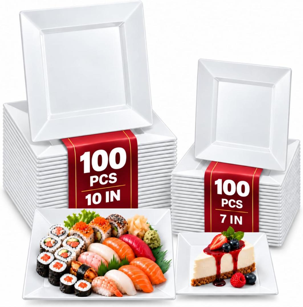 [200PC] PREMIUM Heavy Duty Plastic Plates - White Disposable Plastic Plates, 200 Pack