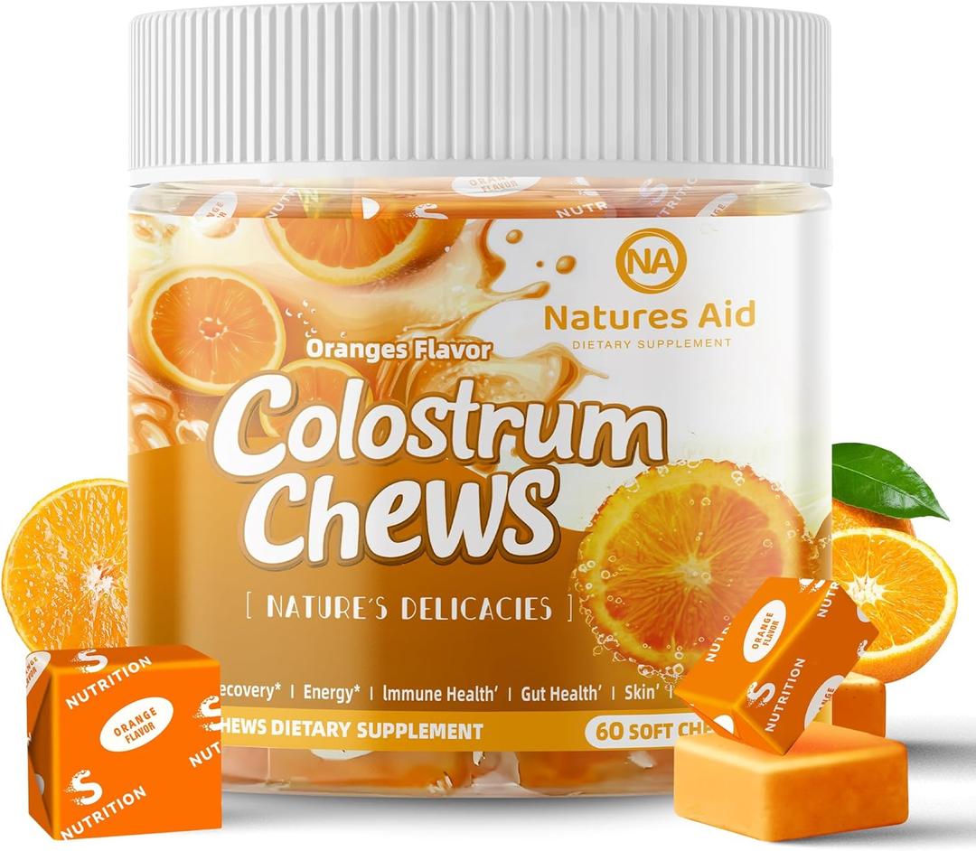 Colostrum Chews Supplement with probiotics for Gut Health, Bloating, Immune Support, Skin, Hair Growth and Beauty - Orange Flavor (60 Servings) (60 Count (Pack of 1))